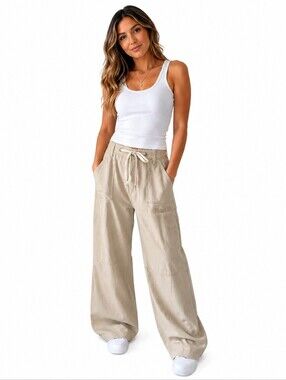 Jodifl Wide Leg Cropped Pants Small NWOT Beige Cotton Blend Casual Boho